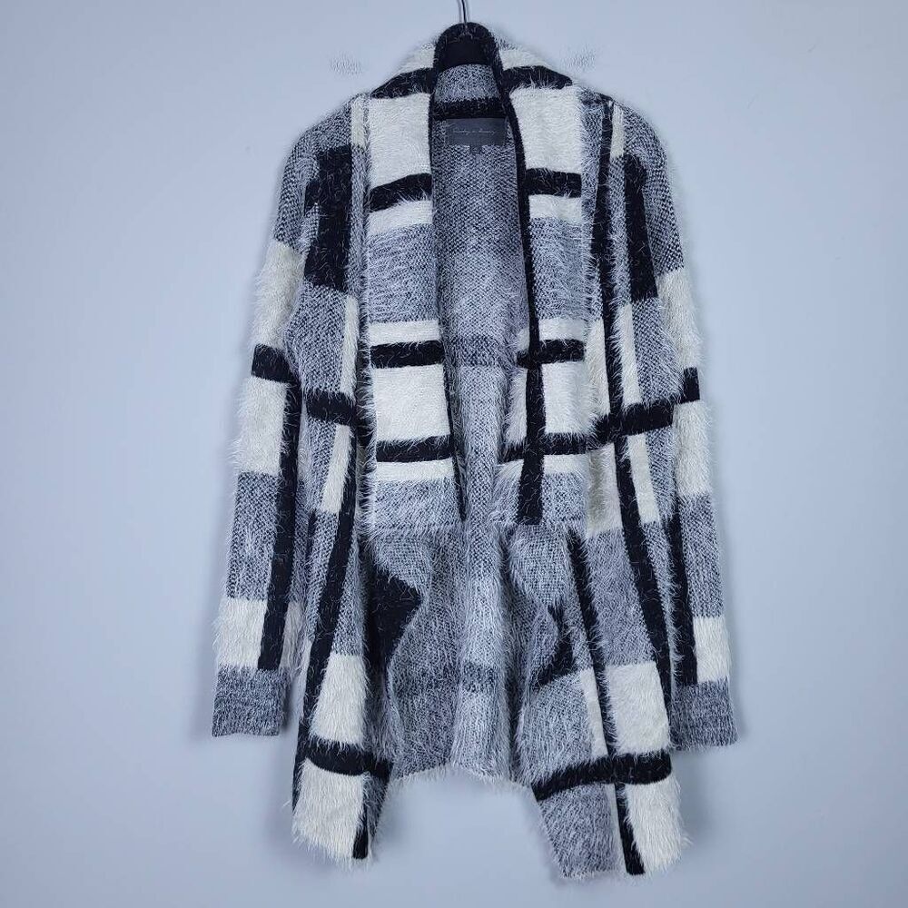 Sunday in Brooklyn Womens Size XS Open Front Cardigan Sweater Black Cream Plaid